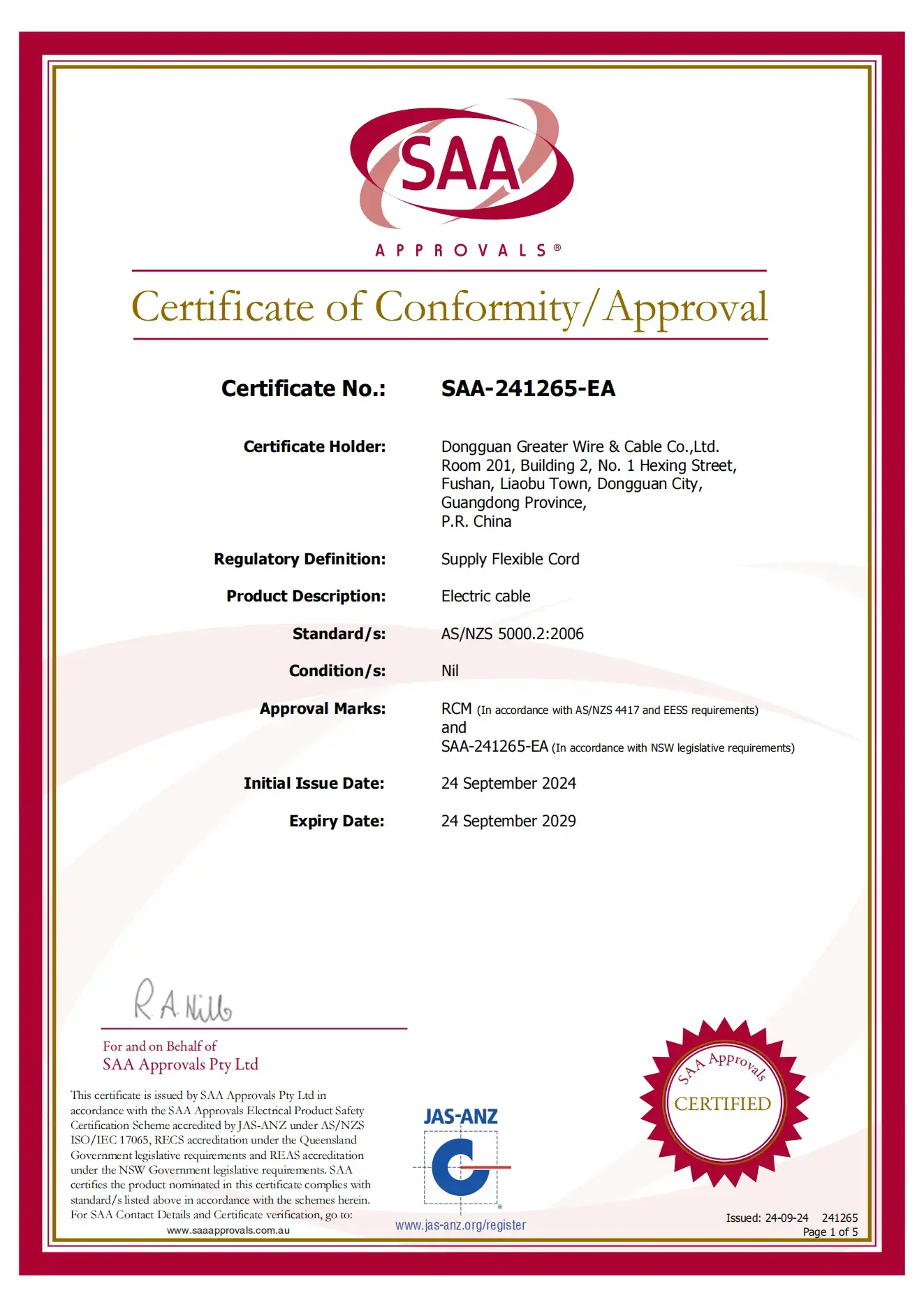 Orange Circular Cable SAA certificated